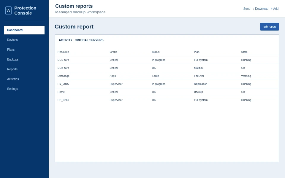 Custom Reports backup control view