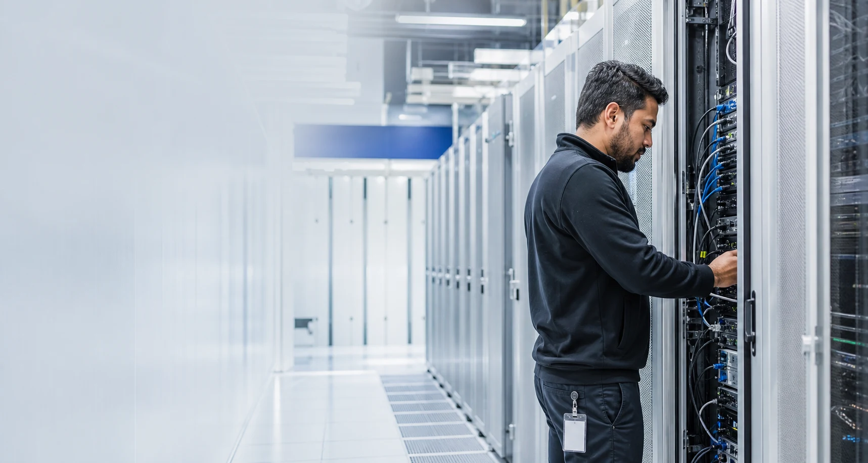 Engineer maintaining equipment in a controlled data-center aisle
