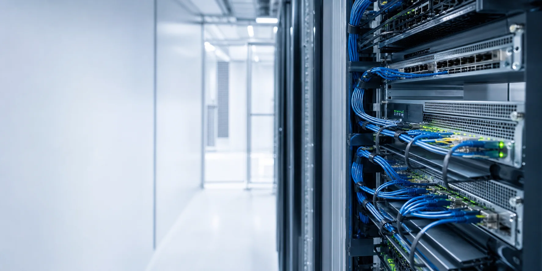 Enterprise network hardware with orderly cabling and visible health indicators