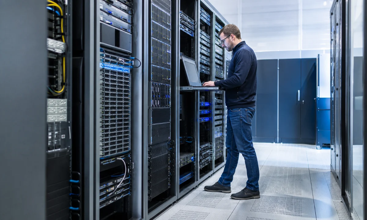 Infrastructure specialist reviewing equipment in an enterprise environment