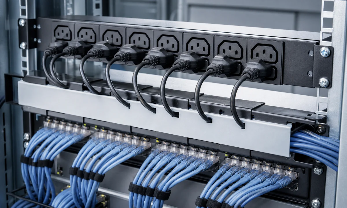Representative rack power distribution and organized cabling